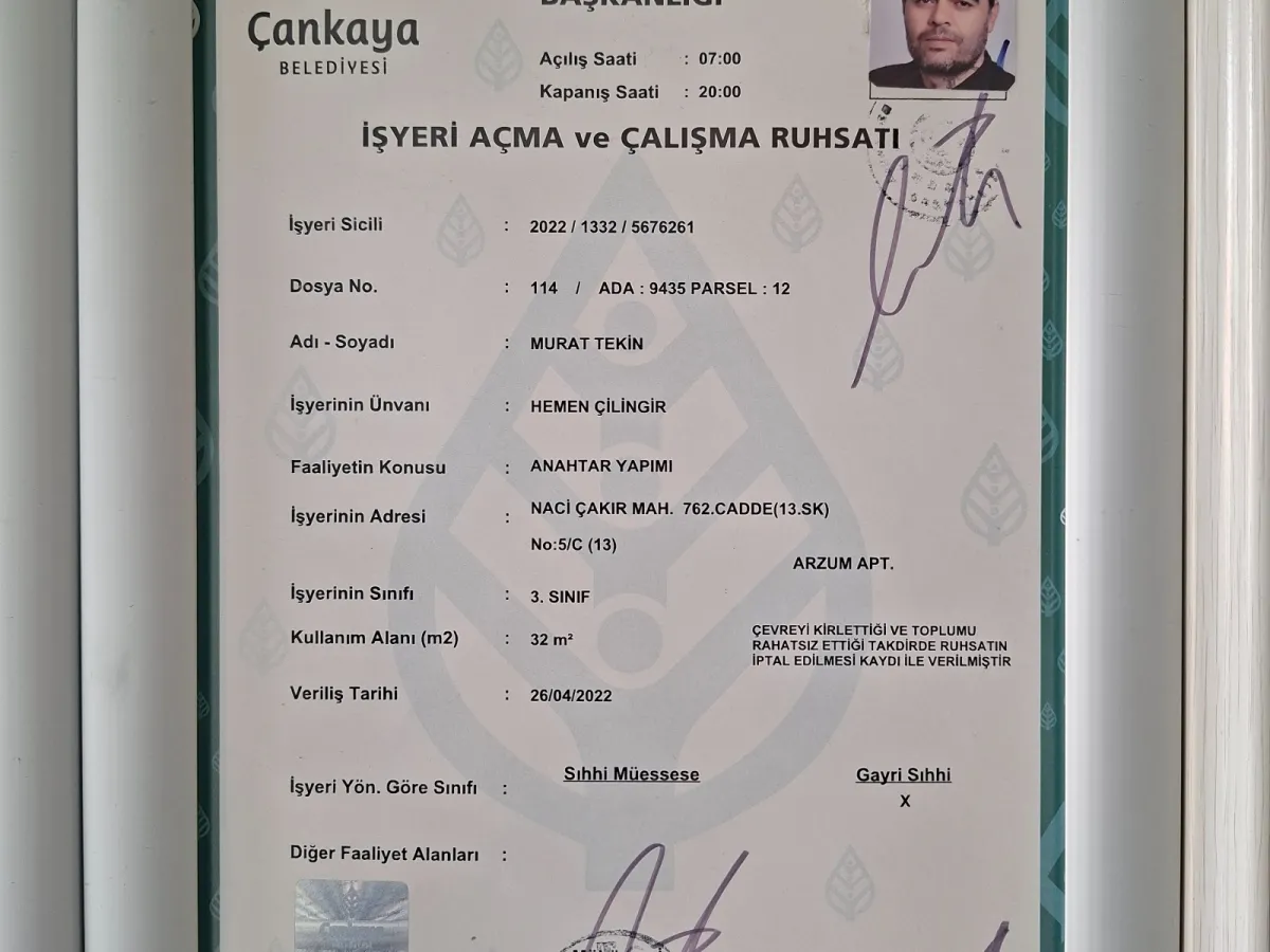 HEMEN ÇİLİNGİR İşyeri açma ve çalışma ruhsatımız.